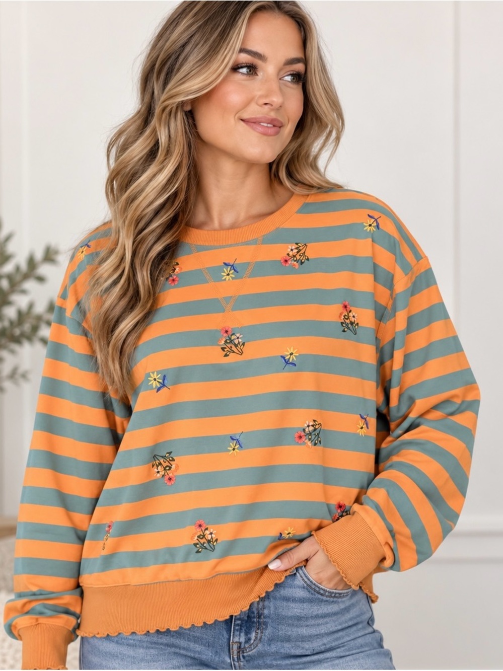 Mystree Striped Mustard and Sage Floral Embroidered Pullover Top NWT